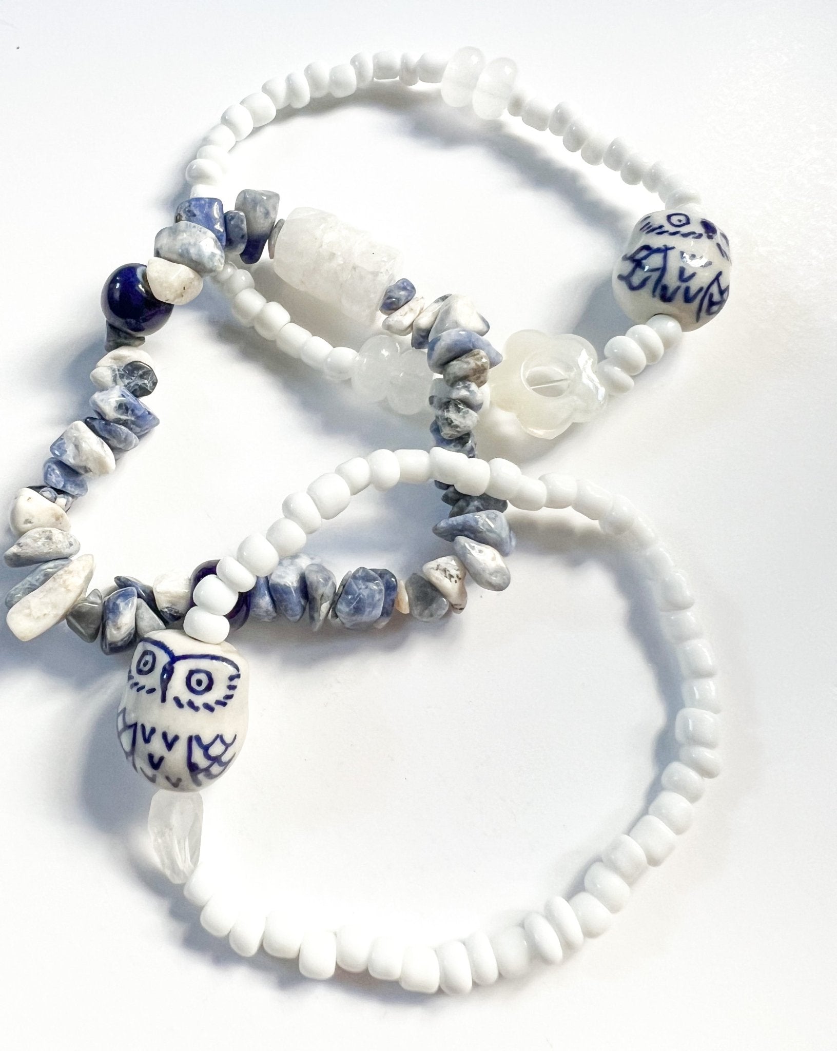Blue Ceramic Owl Beaded Bracelet | Set of 3 Bracelets | Mixed Media Boho Indie Eclectic Bracelet - The Ugly Cactus 