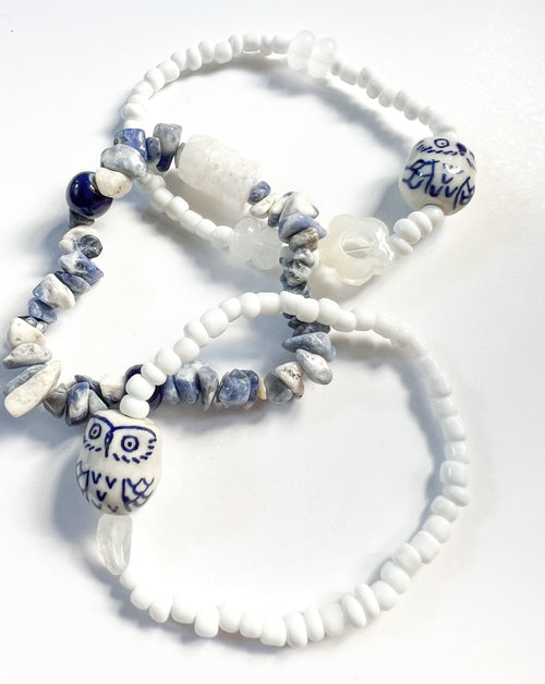 Blue Ceramic Owl Beaded Bracelet | Set of 3 Bracelets | Mixed Media Boho Indie Eclectic Bracelet - The Ugly Cactus 