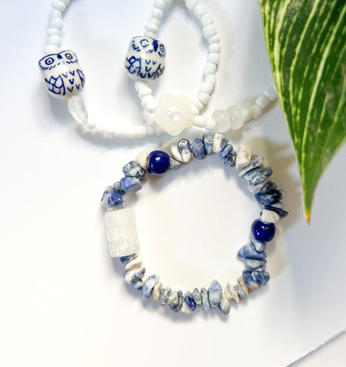 Blue Ceramic Owl Beaded Bracelet | Set of 3 Bracelets | Mixed Media Boho Indie Eclectic Bracelet - The Ugly Cactus 