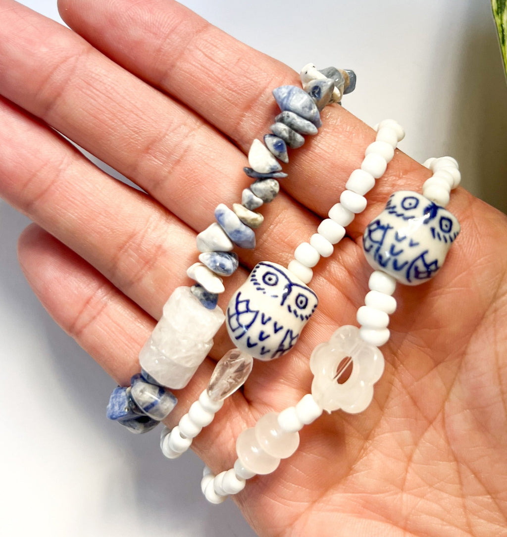 Blue Ceramic Owl Beaded Bracelet | Set of 3 Bracelets | Mixed Media Boho Indie Eclectic Bracelet - The Ugly Cactus 