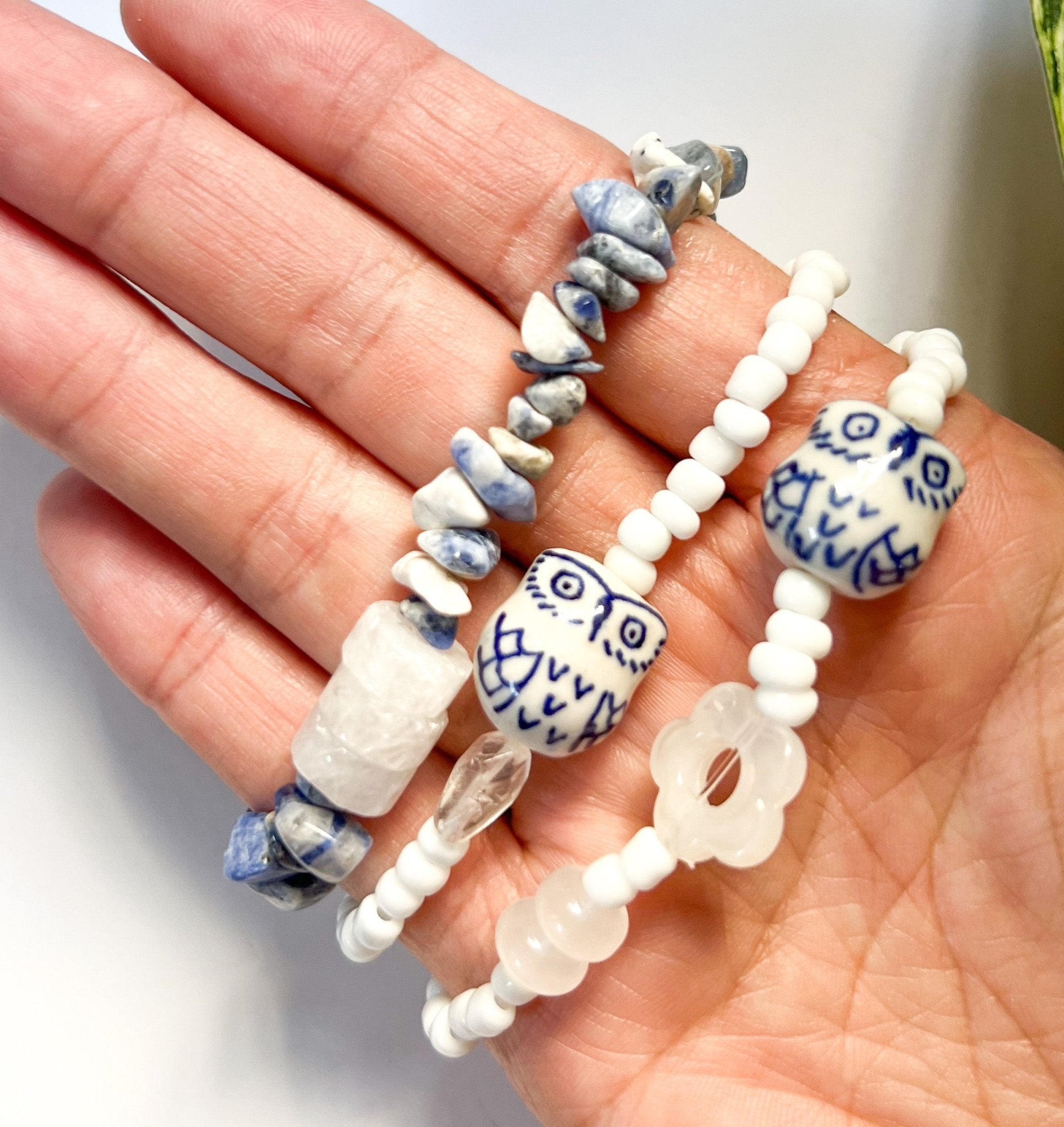 Blue Ceramic Owl Beaded Bracelet | Set of 3 Bracelets | Mixed Media Boho Indie Eclectic Bracelet - The Ugly Cactus 