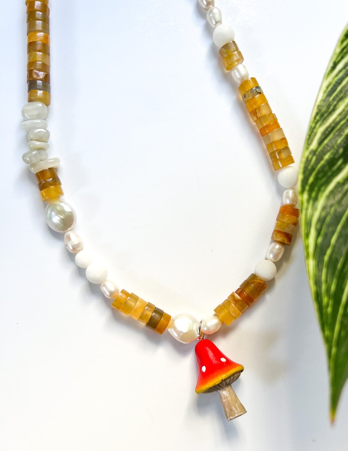 Ceramic Mushroom Pendant Beaded Necklace | Mixed Media Boho Indie Eclectic Necklace - The Ugly Cactus 