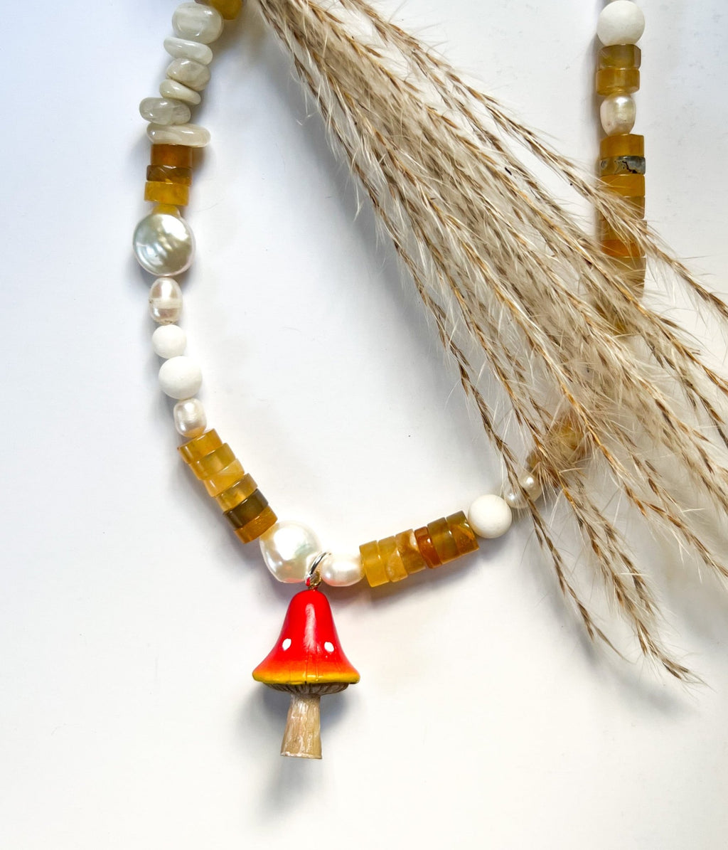 Ceramic Mushroom Pendant Beaded Necklace | Mixed Media Boho Indie Eclectic Necklace - The Ugly Cactus 