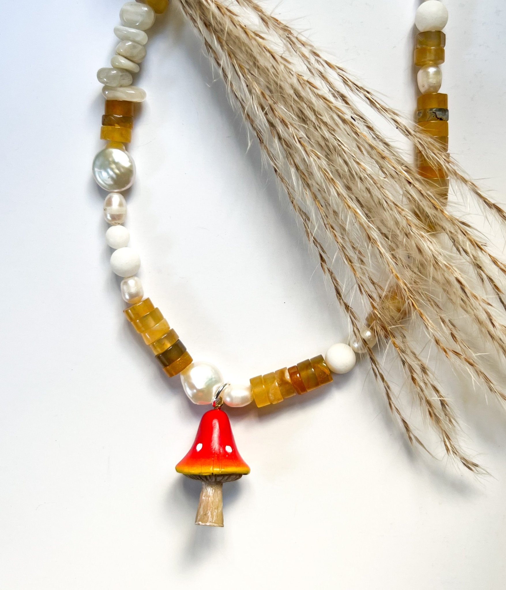 Ceramic Mushroom Pendant Beaded Necklace | Mixed Media Boho Indie Eclectic Necklace - The Ugly Cactus 