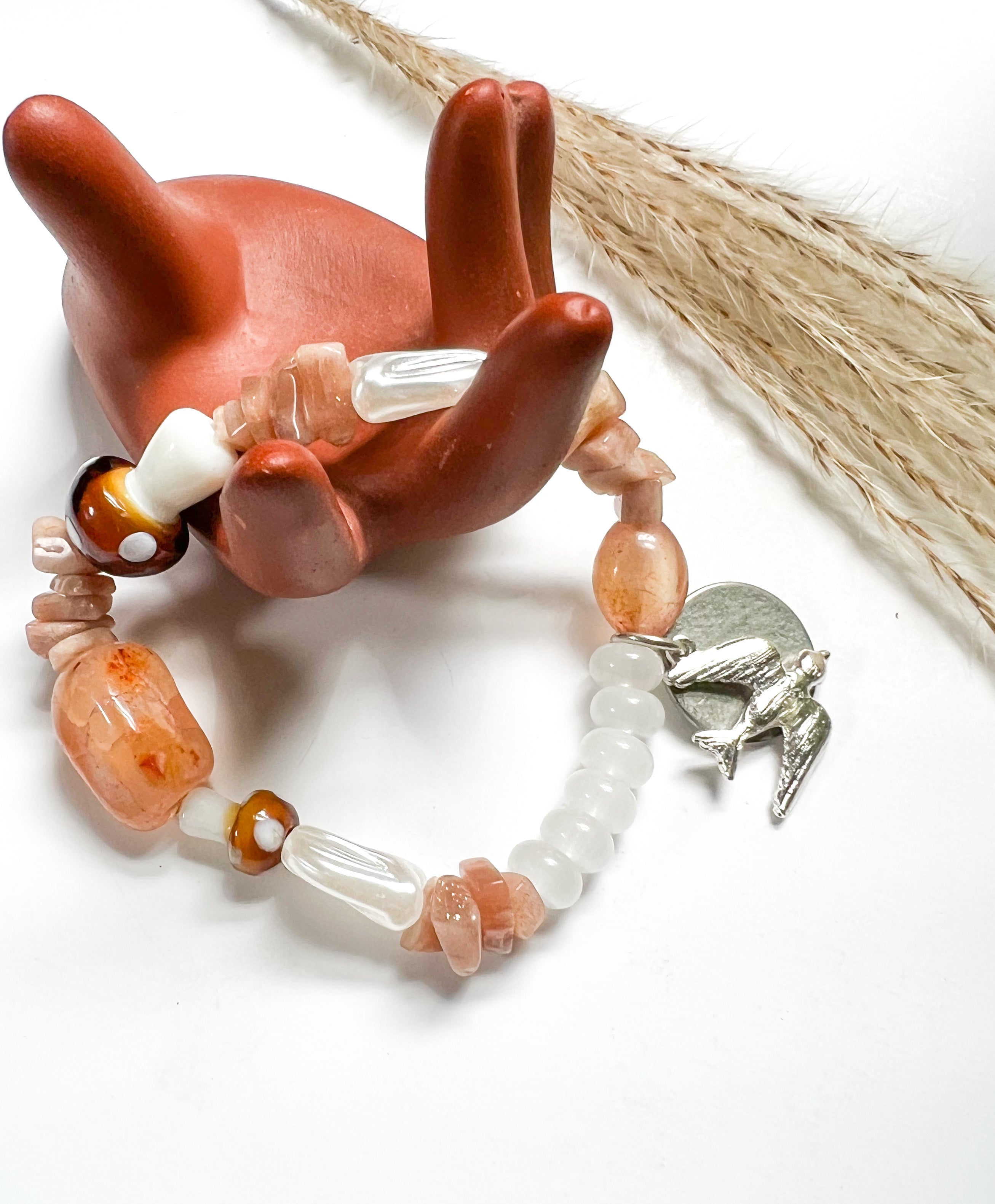 Handcrafted Mushroom Beaded Bird Charm Mixed Media Boho Indie Eclectic Bracelet - The Ugly Cactus 