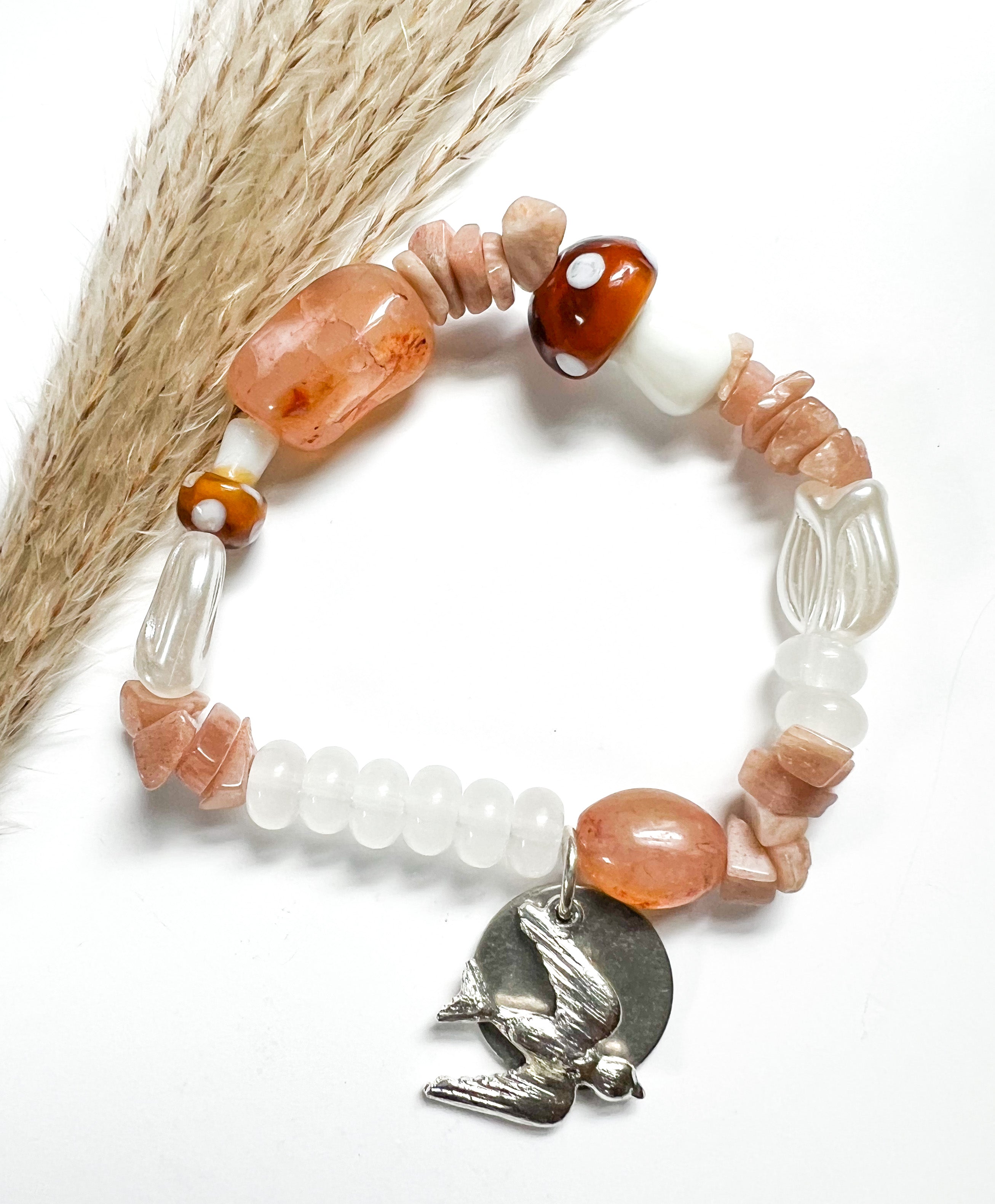 Handcrafted Mushroom Beaded Bird Charm Mixed Media Boho Indie Eclectic Bracelet - The Ugly Cactus 