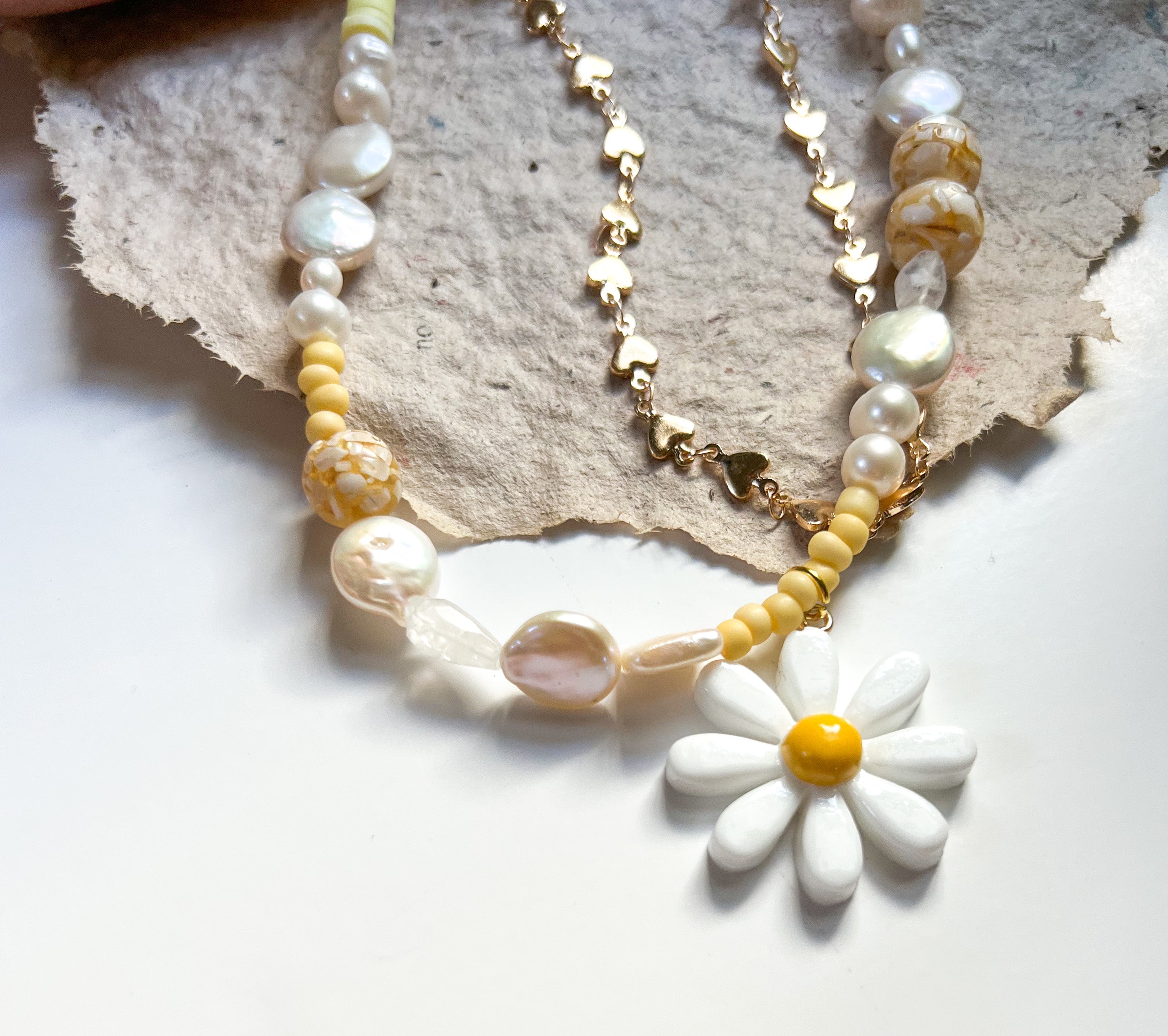 Daisies & Hearts Necklace | Mixed Media Boho Indie Necklace | Daisy Pendant | Beaded Necklace - The Ugly Cactus 