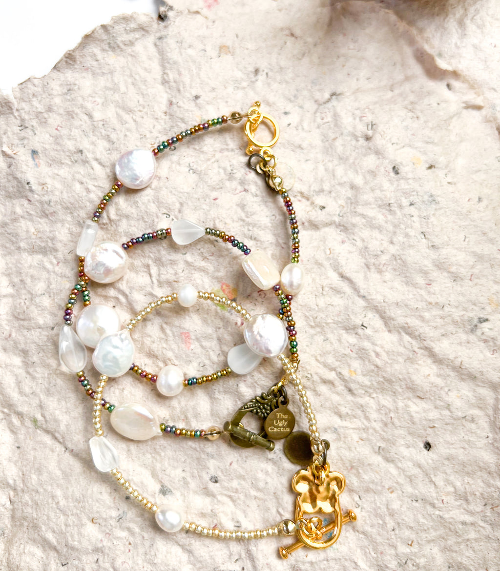 Dainty Pearls Beaded Bracelet | Mixed Media Boho Bracelet | Stackable Pearls - The Ugly Cactus 